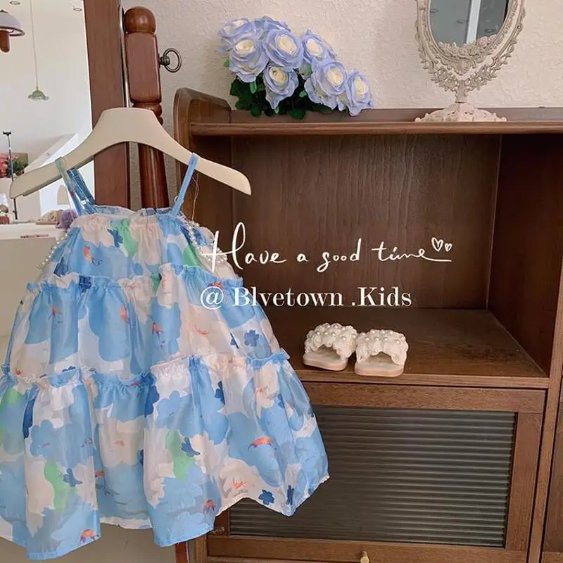 

Blue Floral Print Dress for Girls Casual Sundress Kids Children Clothes Slip A Line Dresses
