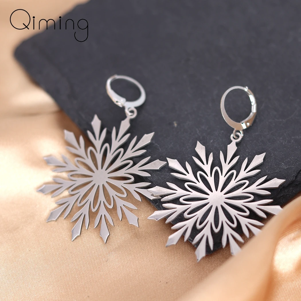 Серьги-кольца женские из нержавеющей стали в виде снежинок