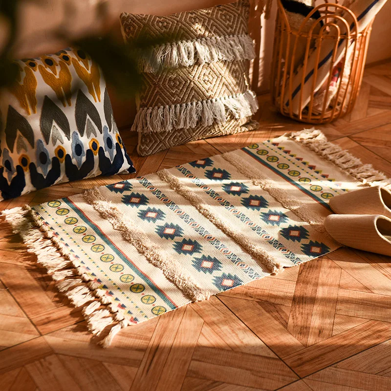 

Nordic style ins cotton linen tassel woven floor mat living room bathroom bedroom bedside mat simple modern carpet