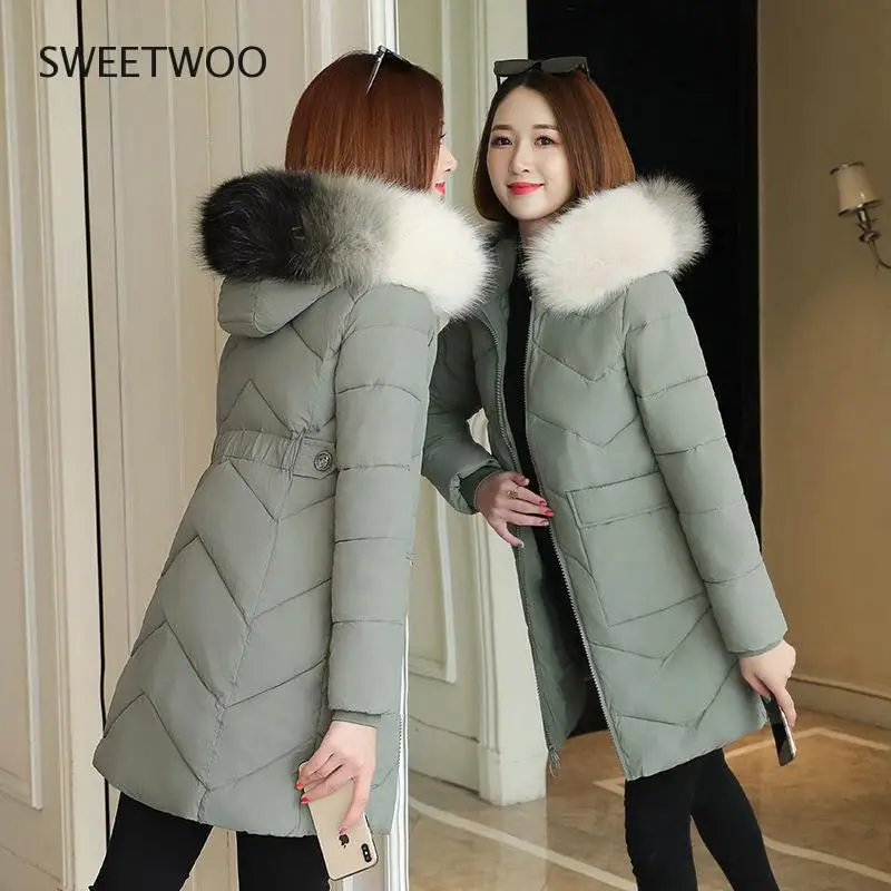 2020 Winter Jacket Women Parka Fur Collar Casual Hooded Slim Long Coat Fashion Female Jacket Cotton Padded Warm Outwear 8 Color