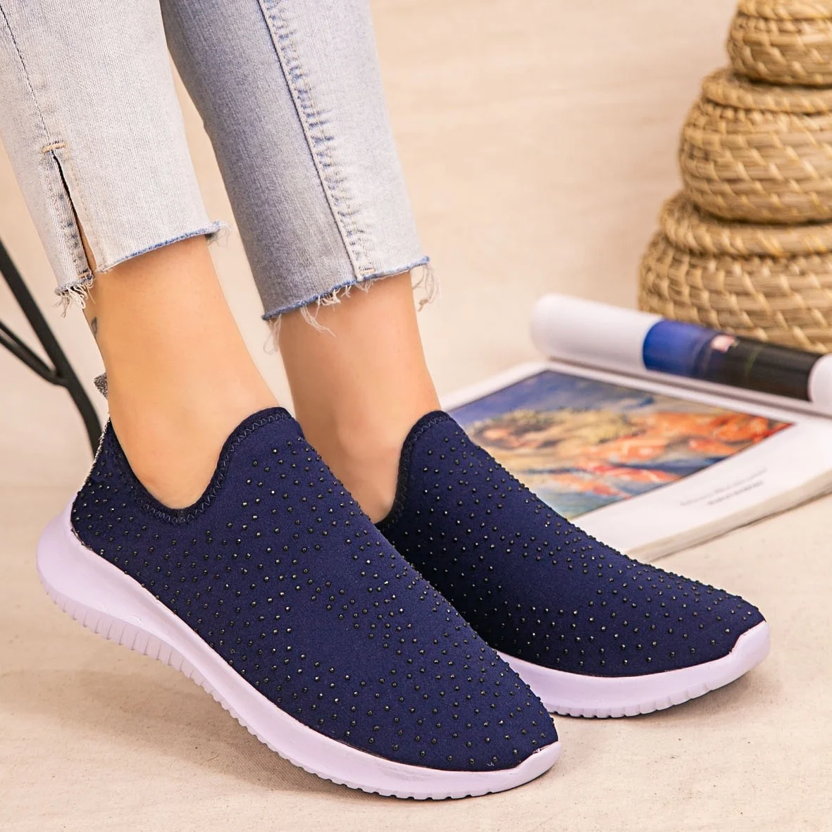 

Tonar Stin Navy Blue Beads Embroidered Sports Shoes New Season Convenient Seasonal Style Sneaker