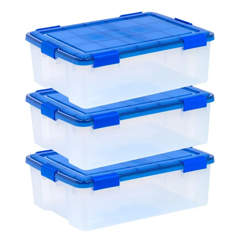 

IRIS USA 40 Qt. (10 gal.) Clear Plastic Storage Box with WeatherPro™ Gasket Lid, Blue, Set of 3