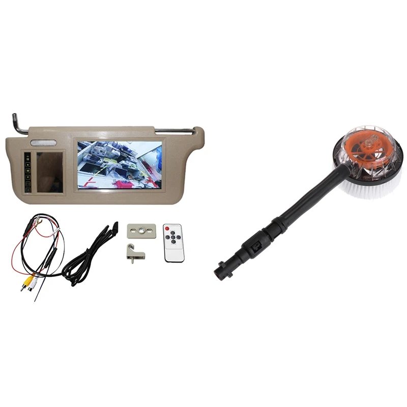 Rotating Round High Pressure Water-Gun Cleaning Car Wash Brush With 7 Inch Car Sun Visor Mirror Screen LCD Monitor
