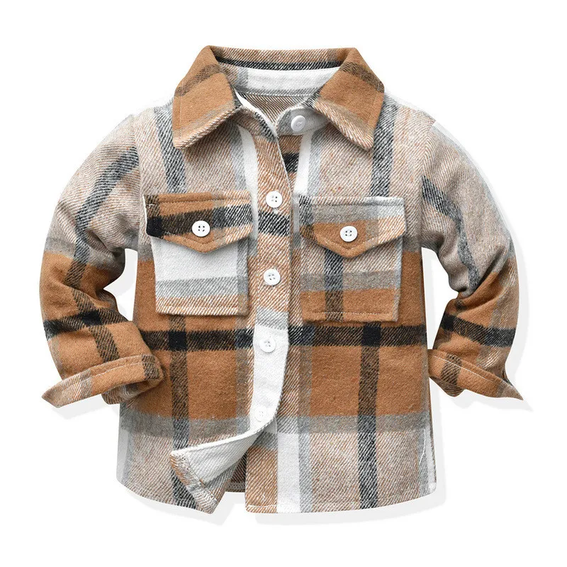 Button-Up Plaid Flannel Long Sleeve Kids Toddler Boy Girl Shirt Shacket with Front Pocket Top Clothes Fall/Winter Plaid Shacket