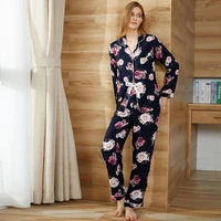 floral shirt turn down collar top pajamas women bathrobes home house suit sleep wear female clothes 2 piece sets blouse trousers