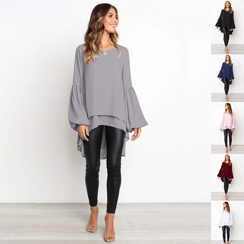 

Fashoin Chiffon O Neck Blouses For Women Sexy Bohemia Solid Tunic Flare Long Sleeve Pullover Street Elegant Irregular Ladies Top