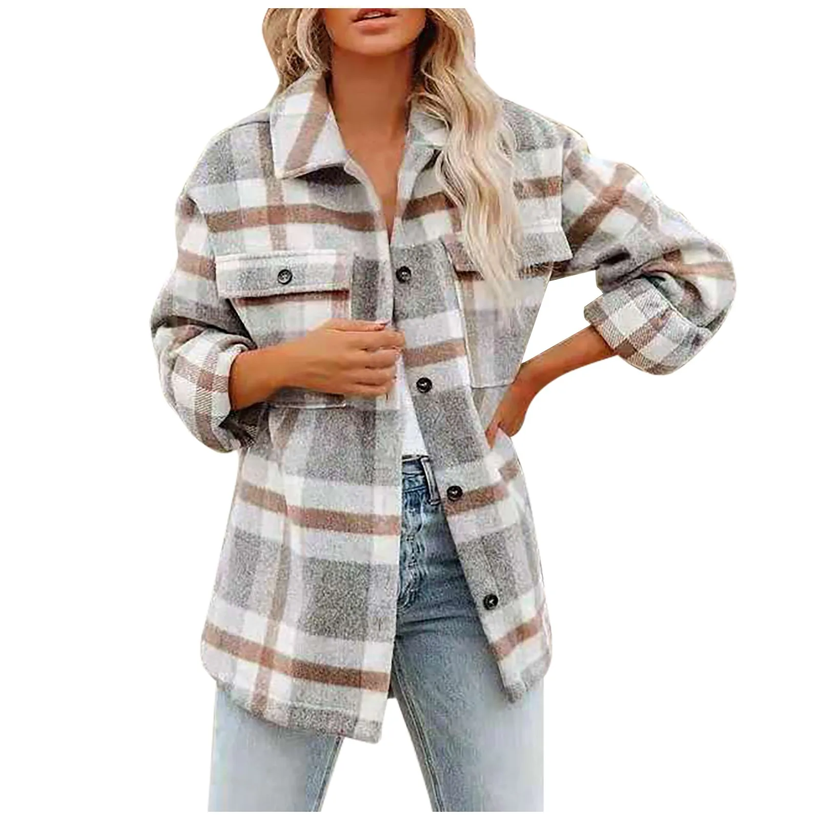 

Women Plaid Shacket Jacket Lapel Long Sleeve Button Down Flannel Shirts Coat Double Pocket Design Loose Fall Clothes 2023