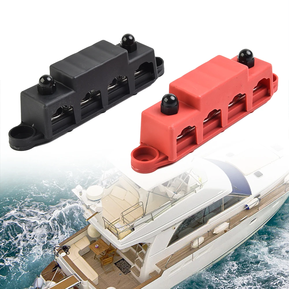 

2PCS 4 Post Power Distribution Block Terminal Screw Bus Bar 250A 48V DC M8 Black&Red Electrical Cabling Wires Car Accessories