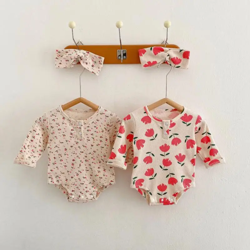 

2022 Autumn Girl Sweet Tulip Long Sleeves Waffle Jumpsuit Retro Floral Cotton Bodysuit One Piece With Girls Flower Headband