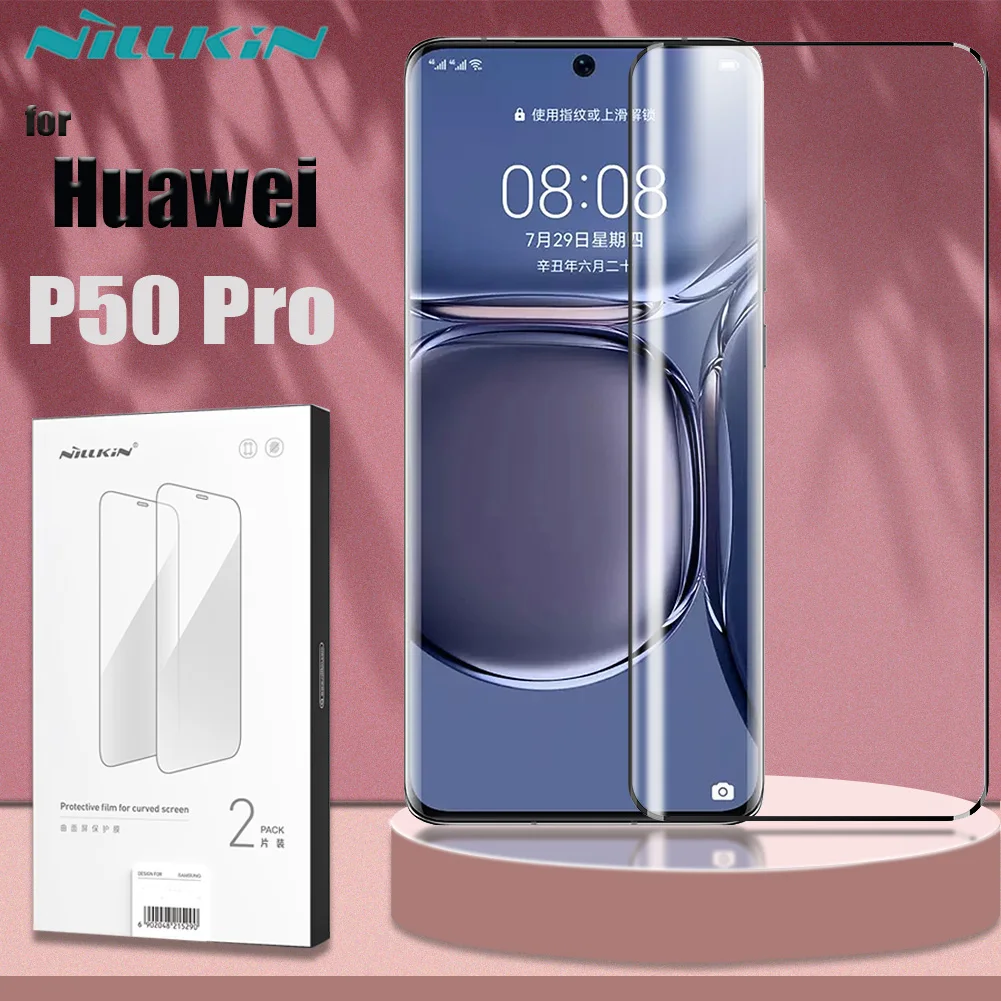 

2 Pcs for Huawei P50 Pro Screen Protector NILLKIN Impact Resistant Curved Full Glued Cover Safety Soft Film for Huawei P50 Pro