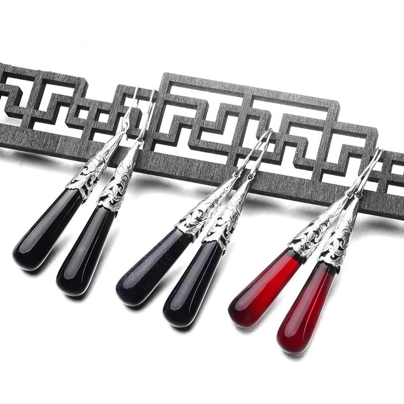 

925 Silver vintage earrings women hollow temperament long agate chalcedony pomegranate ruby