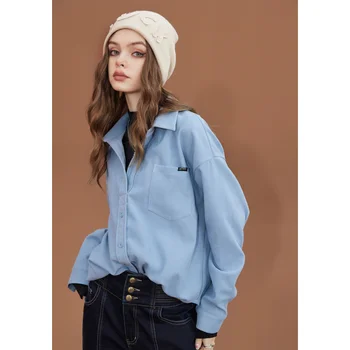Women's Clothing Shirt Spring Brown Shirt Fake Two Pieces Corduroy Fashion Vintage Female Long Sleeve Chic Casual Blouse Tops 5