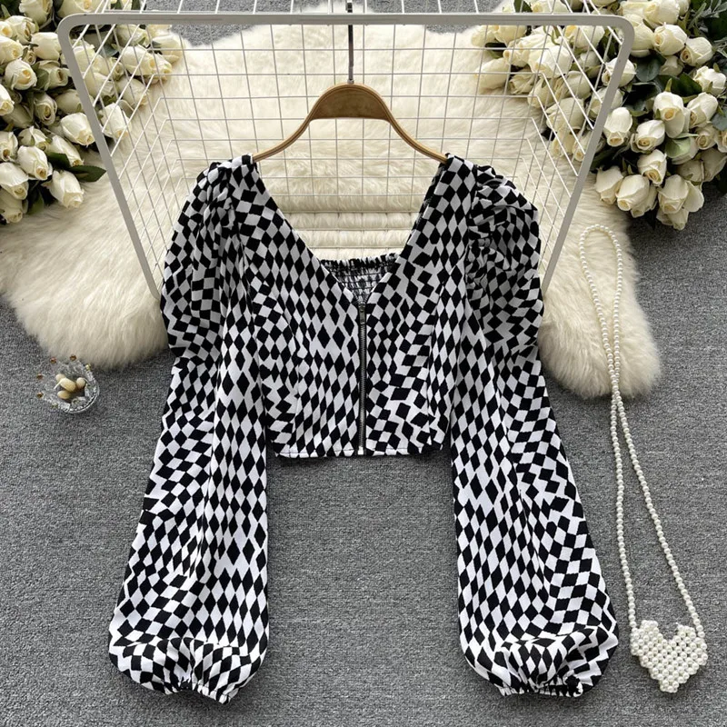 

Temperament Design Rhombic V-neck Lantern Sleeve Shirt Short Top Autumn Girl blouse blusas mujer de moda 2022
