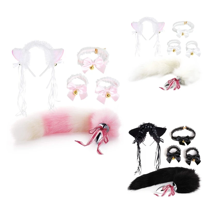 

H9ED 5pcs Ears Headband Choker Tail Wristband Cosplay Costume Faux Fur Headdress Halloween Birthday Party Plush Set