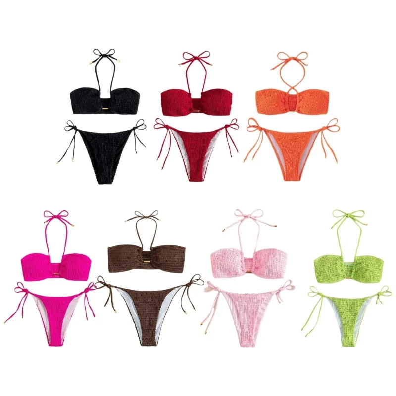 

Women Bikinis Set Lacing Solid Color Split Swimwear Thong Swimsuits Sexy Small Chest Gathered Bathing Suit Wrap Swimming Suits