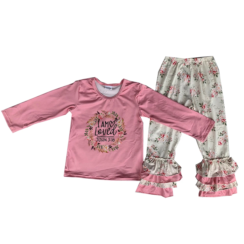

Модный костюм для девочек с длинным рукавом, детский розовый топ с цветочными буквами и расклешенными брюками, одежда оптом