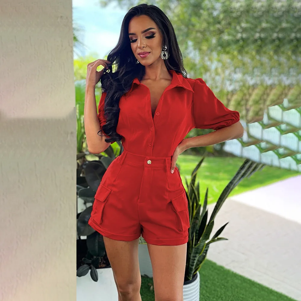 

Office Ladies Elegant Shirt And Pocket Short Sets Casual Puff Sleeve Button Shirts Blouse Summer Outfits For Women 2023 Blue