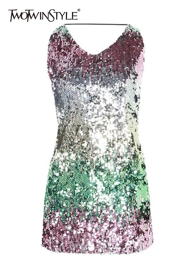 

TWOTWINSTYLE Patchwork Sequins Sexy Dress Halter Collar Sleeveless High Waist Sheath Mini Dresses Female Summer Clothing Fashion