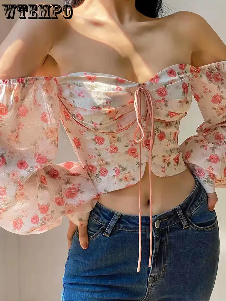

Off Shoulder Floral Shirt Sexy Bow Tie Womens Blouse Fashion Korean Tops Elegant Corset Top Summer Thin Long Sleeve Blusas Tee