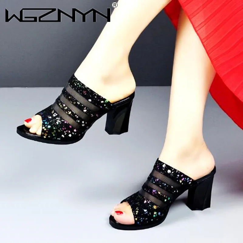 

Fashion High Heels shining Sequin Slippers Women Summer Black Mesh Peep Toe Sandals Woman 2022 Hollow Slip on Slides Shoe Female