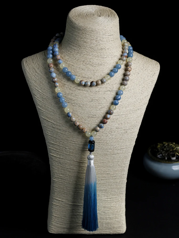 

8mm Blue Tassel Necklace Set,Japamala Meditation Yoga Jewelry 108 Mala Beads Necklace Agate, handcrafted,dropshipping