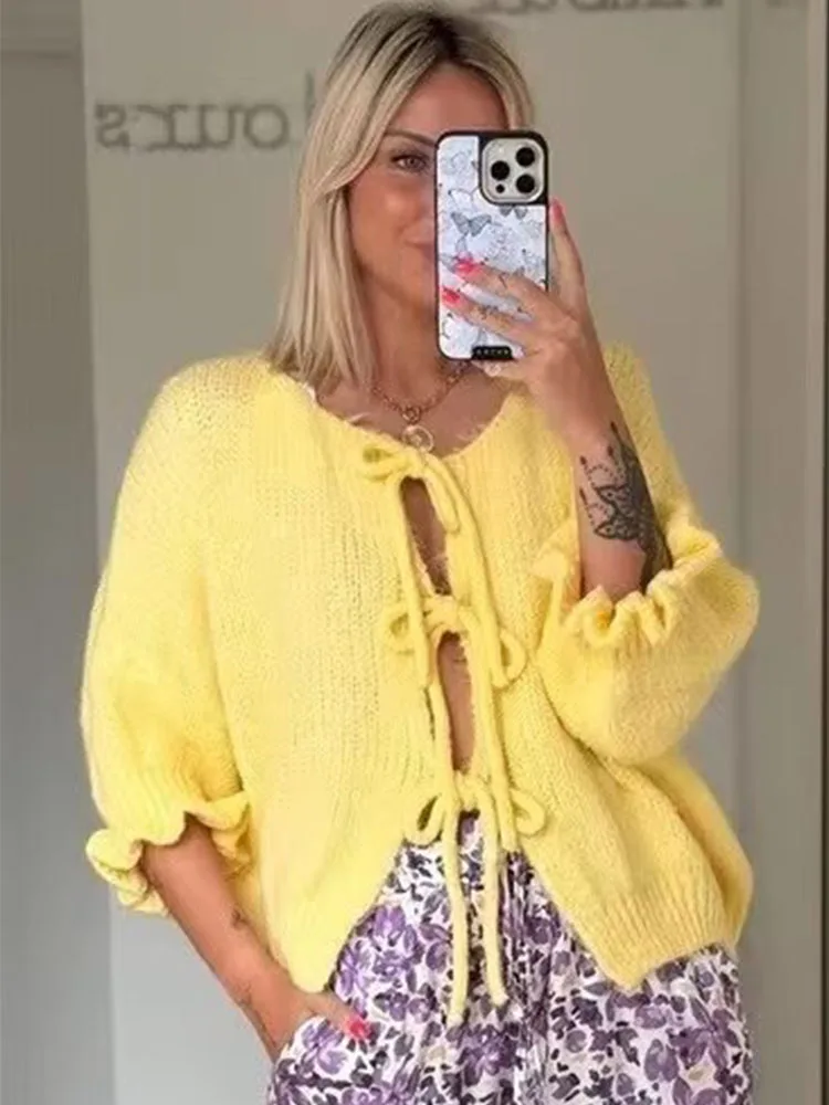 Женский осенний кардиган HH TRAF с круглым вырезом и рукавами-лепестками