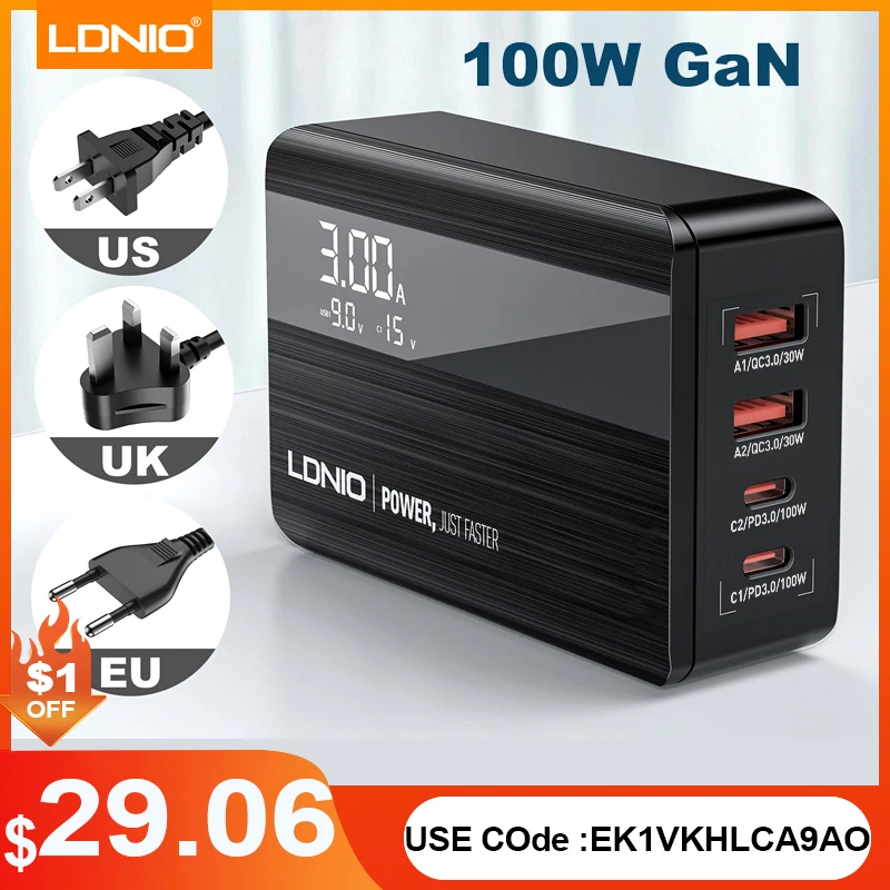 

LDNIO 100W Gan QC3.0 PD 4 USB Gan Phone Fast Charger Adapter for Iphone Samsung Laptop Macbook Power Charger USB C Charger