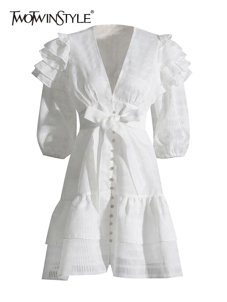 

Женское минималистичное платье TWOTWINSTYLE, элегантное платье с v-образным вырезом и пышными рукавами, высокой талией и грибком в виде дерева, новинка 2023