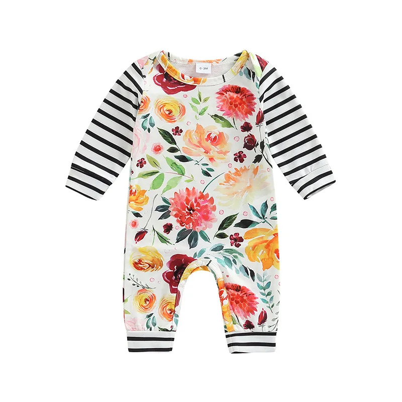 

0-18M Newborn Baby Girls Boys Fall Fashion Jumpsuit Infant Long Sleeve Round Neck Elephant/Floral Print Romper Pants