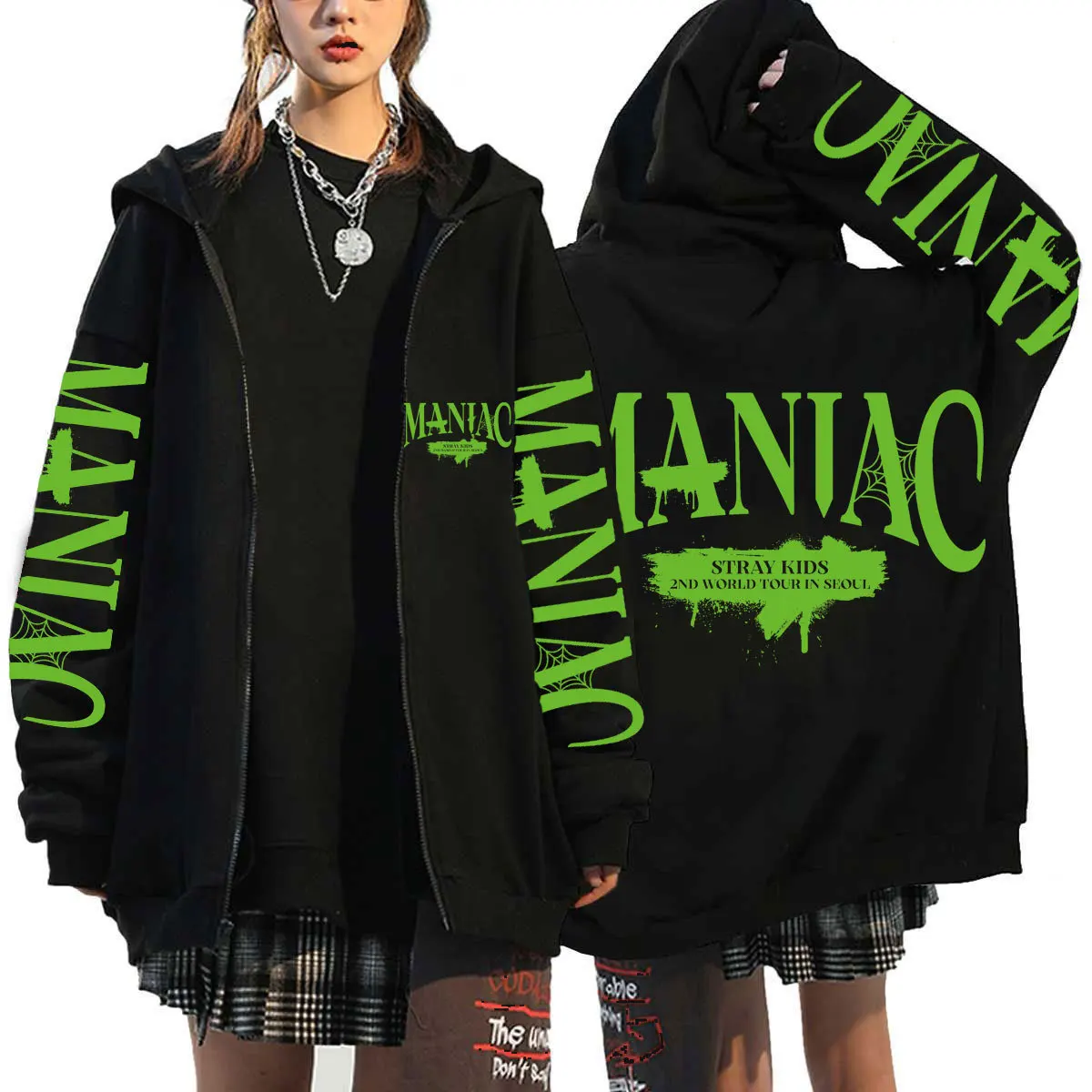 

Harajuku Stray Kids Maxident Printed Zipper Hoodie Hip Hop Y2k Fashion Kpop Hooded Top Winter Warm Men Women Zipper Jacket Coats