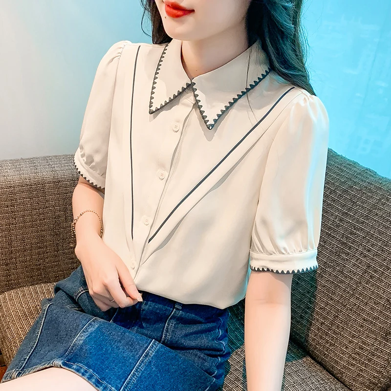 

Chiffon Shirt Ladies Summer 2023 New Solid Casual Blouses Loose Short Sleeves Top White Turn-down Collar Clothing YCMYUNYAN