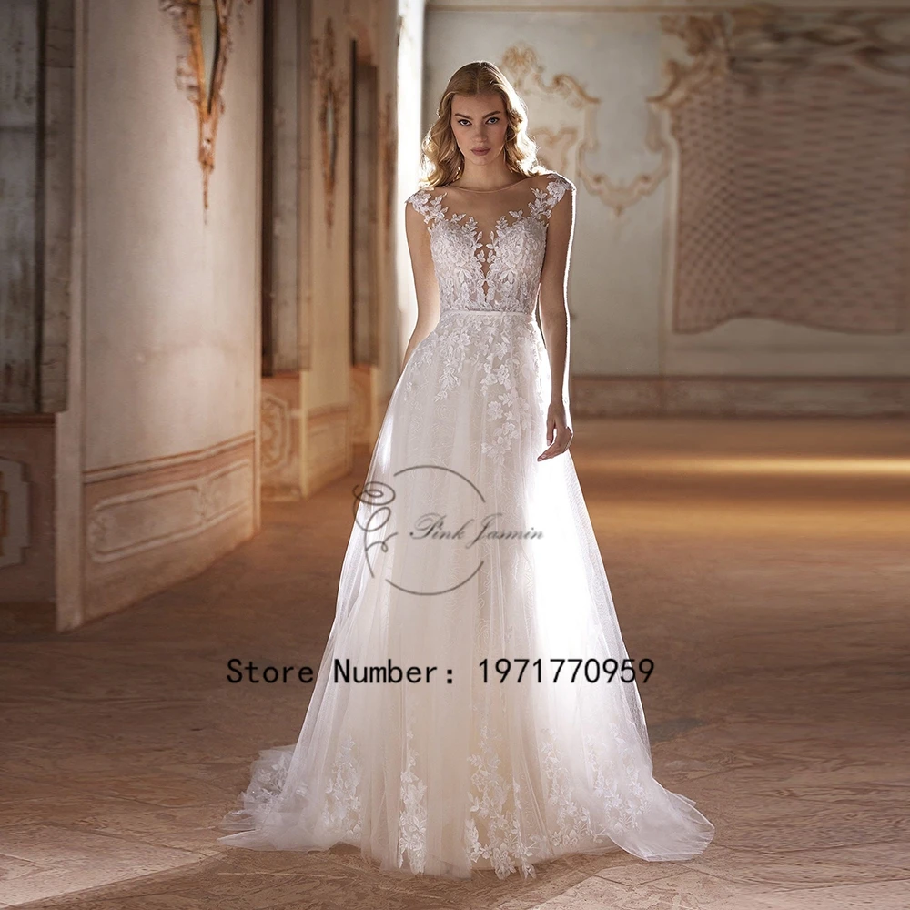 

Elegant Wedding Dresses For Woman Cap Sleeves Illusion Back Scoop Neck Bride Gowns Lace Applique A-Line Robe de mariée 2024