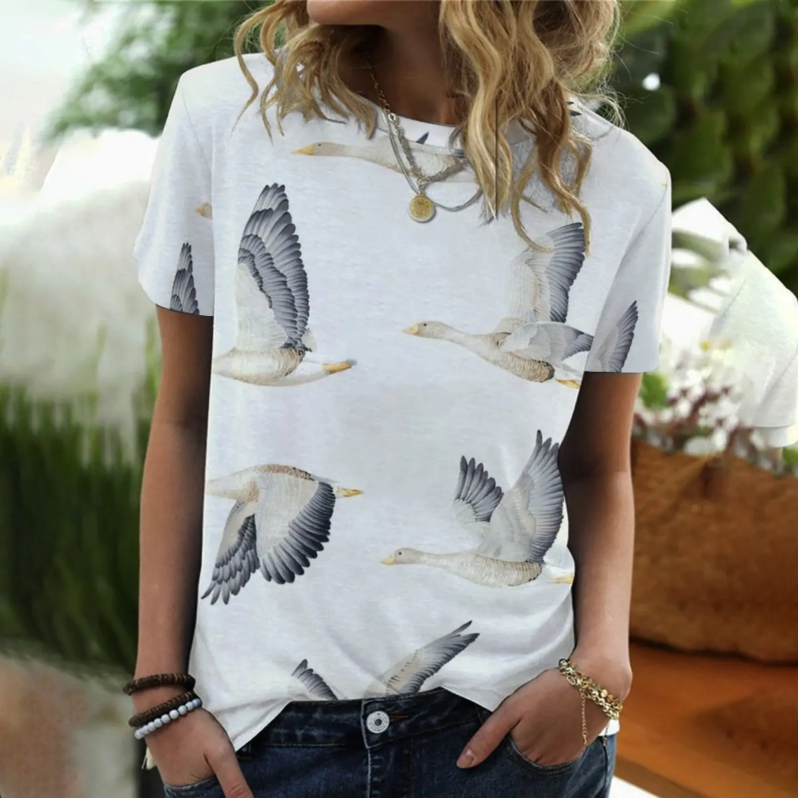 

2022 European and American foreign trade summer new geese pattern printing round neck short-sleeved T-shirt women's clothing