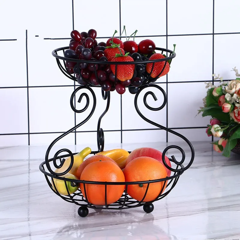 

Household Iron 2 Tier Fruit Basket Vintage Style Storage Basket Living Room Fruit Basket Creative Iron Snack Container Black