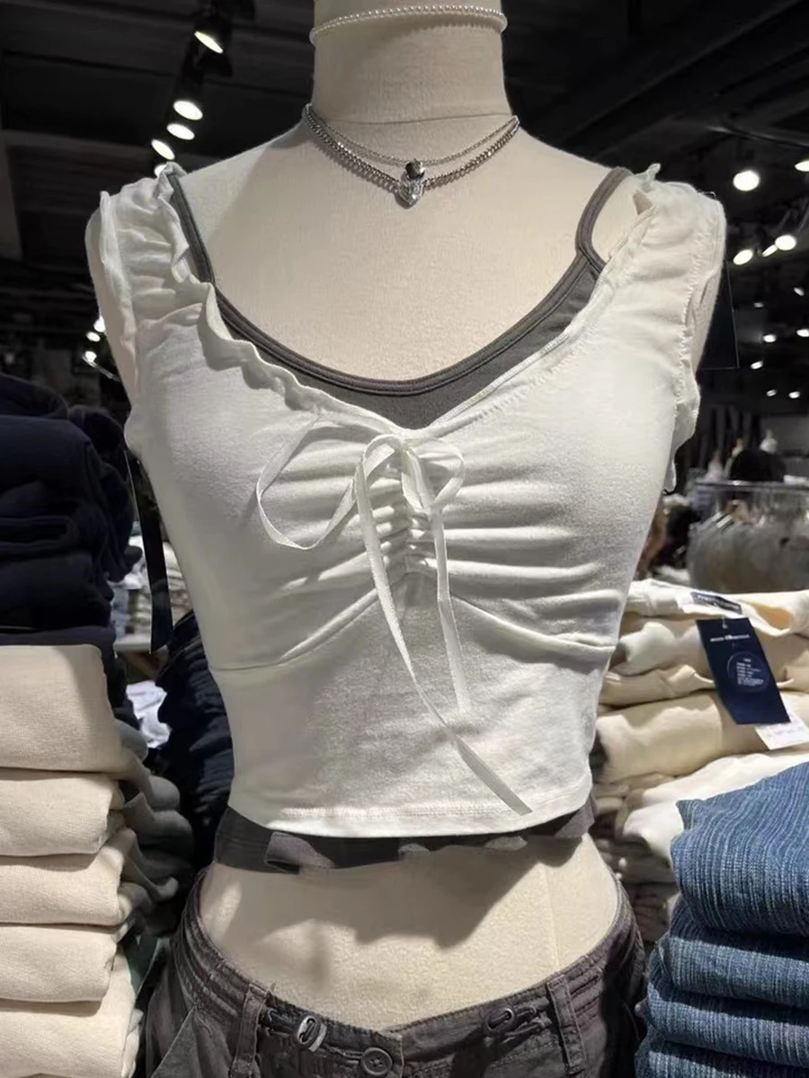 

Folds Fungus Trim Solid Crop Top for Woman 2023 Summer Bow Slim Sexy Cotton Short Vest Sweet Girl Cute Sleeveless Tank Tops