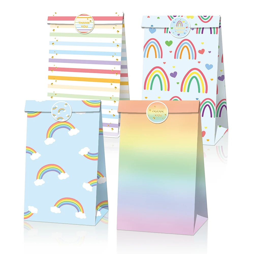 

LB132 12pcs Bohemian Sweet Rainbow Gradient Birthday Party Kraft Paper Gift Bags with Sticker Cookies Food Biscuits Decorations