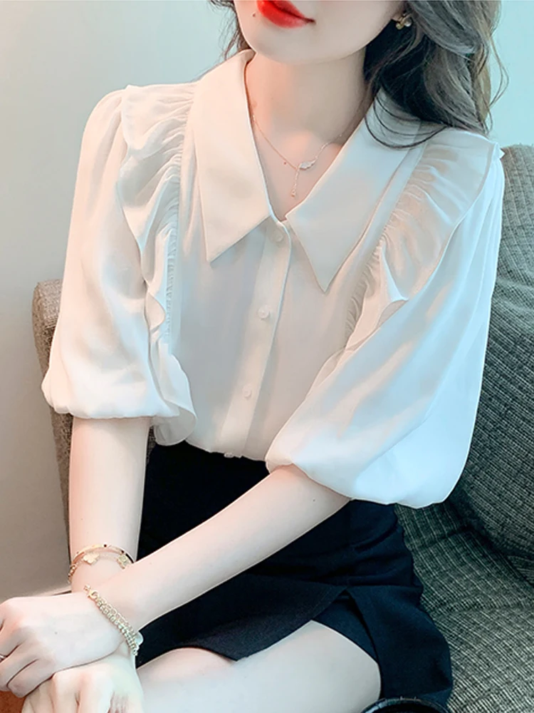 

Elegant Ruffle Chiffon Blouse Women Puff Short Sleeve White Shirts Lady Sweet Lace Korean Casual Office Tops Blusas Mujer 24584