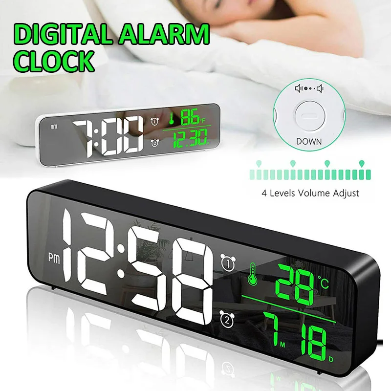 

LED Digital Alarm Clock LED Mirror Display Temperature Date Table Electronic Desktop Clocks Wake Up Time Snooze Function Alarm