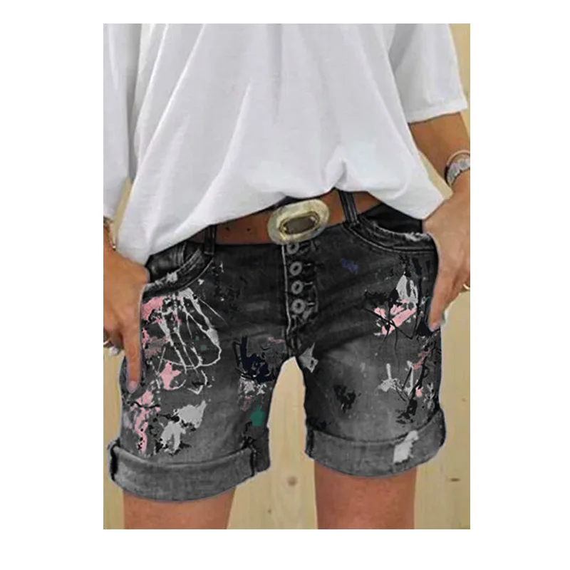 Summer New Plus Size Women's Denim Shorts Washed Printed Jeans 2021 Female Flower Casual Bottoms Harajuku Vintage Streetwears