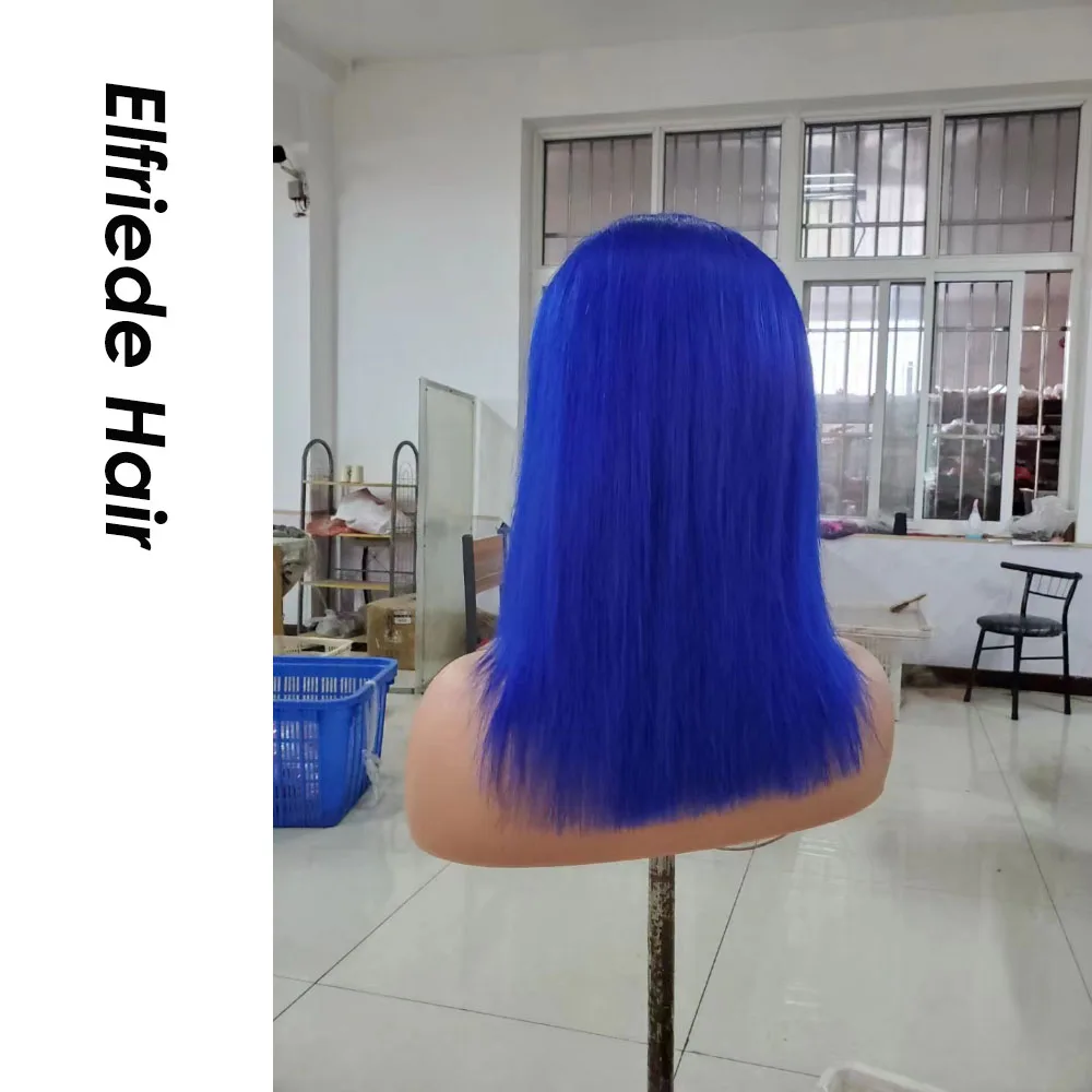 Elfriede парик Королевский синий боб кружевные передние парики из человеческих