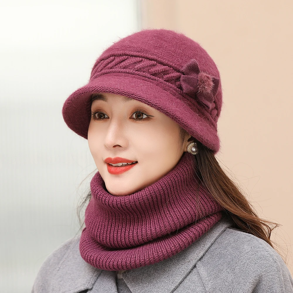 

Новая зимняя шапка, модная шапка с цветочным декором, Шапка-бини, шарф, толстые шапки для женщин, Повседневная вязаная Панама из смеси кролич...