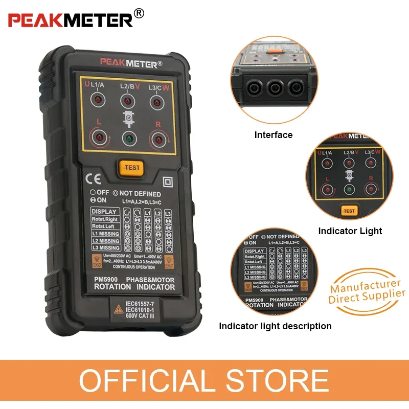 PEAKMETER PM5900 Трехфазный переменный ток Фазовый секвенсор Индикатор вращения