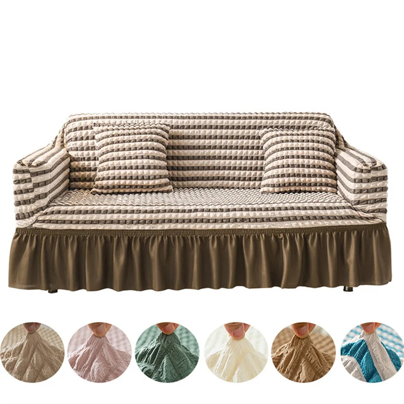 

Elastic Seersucker Sofa Cover with Skirt Solid Color Elastic Sofa Slipcover for Living Room Anti-dust Couch Armchair Protector