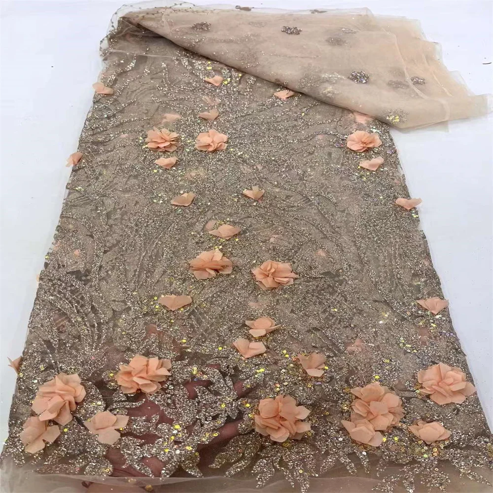 Африканская кружевная ткань с 3D цветами и блестками 5 ярдов 2024