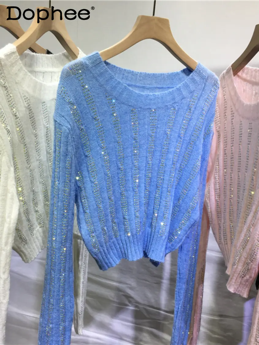 

Hot Drilling Sweater Women Sweet Round Neck Mohair Twist Idle Style Knitted Pullover Sweaters 2022 New Autumn Winter Sweater Top
