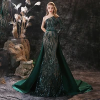 one shoulder mermaid evening dresses applique green prom dresses women floor length sweep train draped long party gowns 2022