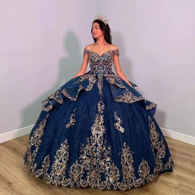 Темно-синие блестящие платья Quinceanera с золотыми аппликациями кружевными бусинами