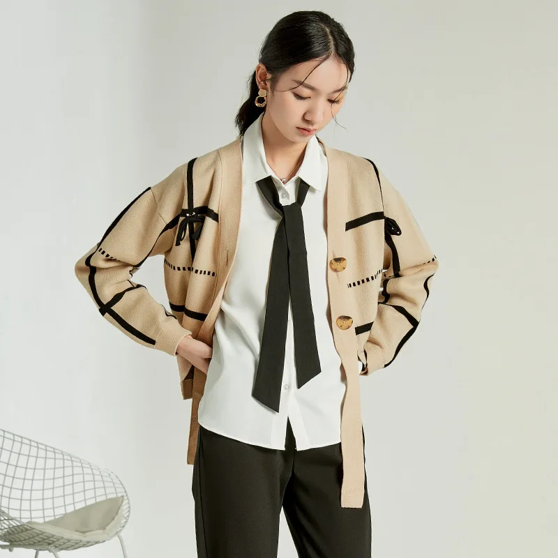 

Cardigans Women Knitted Sweater Loose Long Sleeve Single Breasted V-neck Plaid Knitwear Korean Oversize Cardigan Tops J387