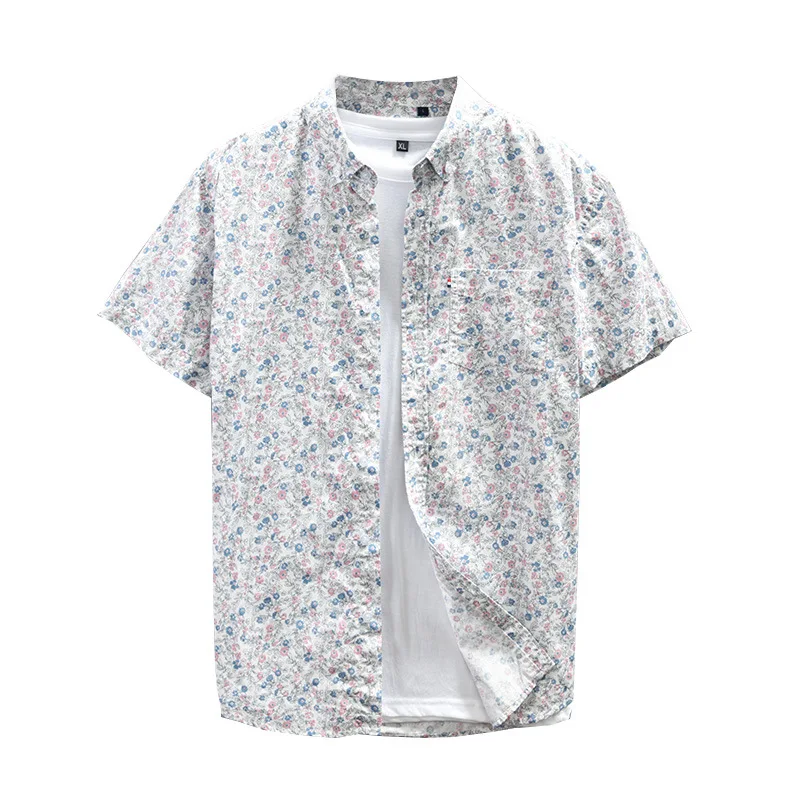 

100% cotton Summer Short Sleeve Floral Hawaiian Shirt Men Half Placket Collar Beach Shirt Men Casual Holiday Vacation Clothing