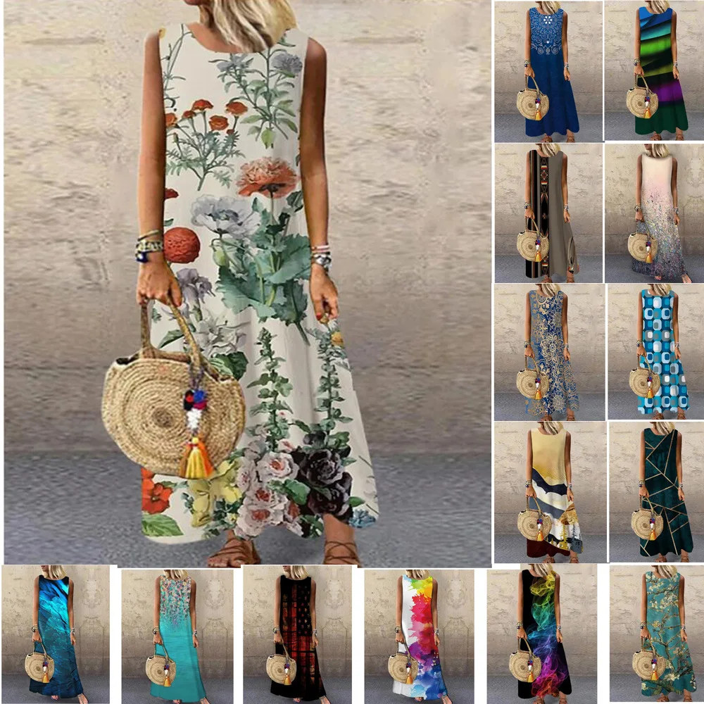 

Women Print Long Dress 2022 Summer Casual Loose Sleeveless Dresses Sundress Female Elegant Robe Vintage Maxi Dresses Plus Size